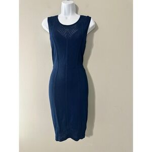 BCBGMAXAZRIA Navy Blue Knit Sheath Dress Lace Detail Sleeveless Midi Size S